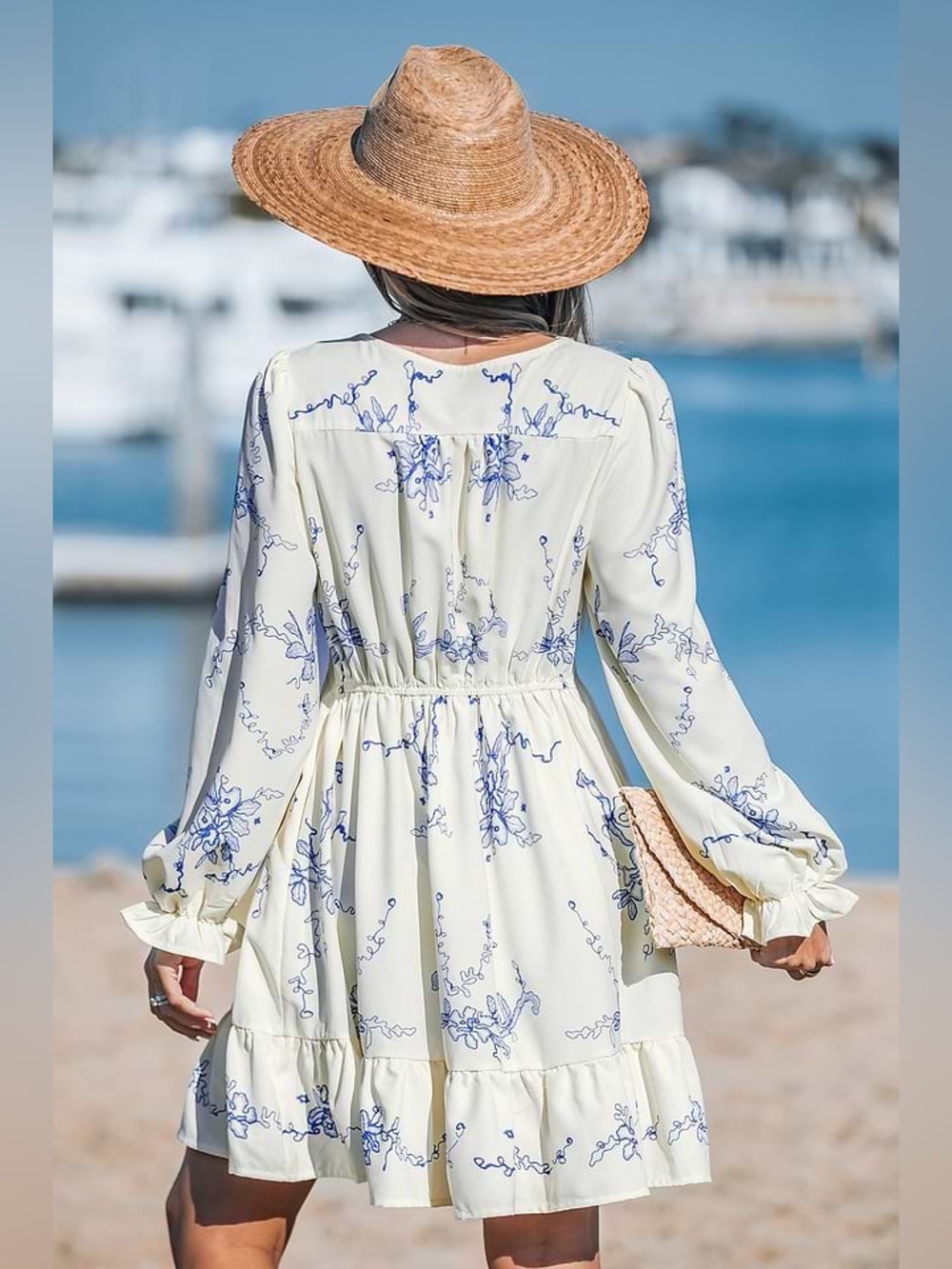 NWT Cupshe Boho Orchids Ruffled Mini Dress Long Sleeve Floral Cream Blue - Picture 2 of 14